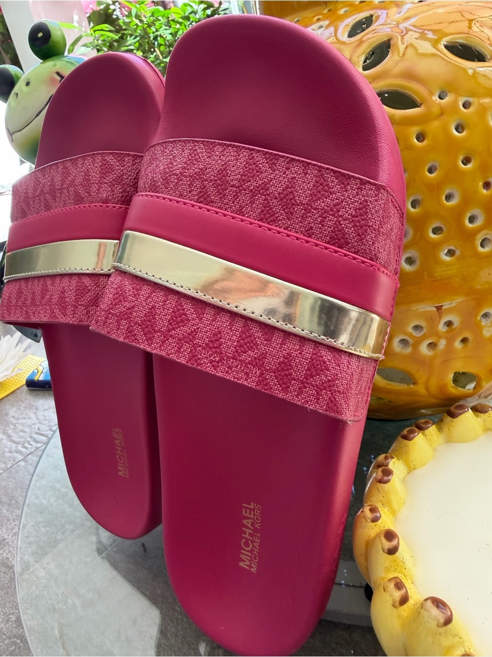MICHAEL Michael Kors Pink Slide Sandals with Gold Accent